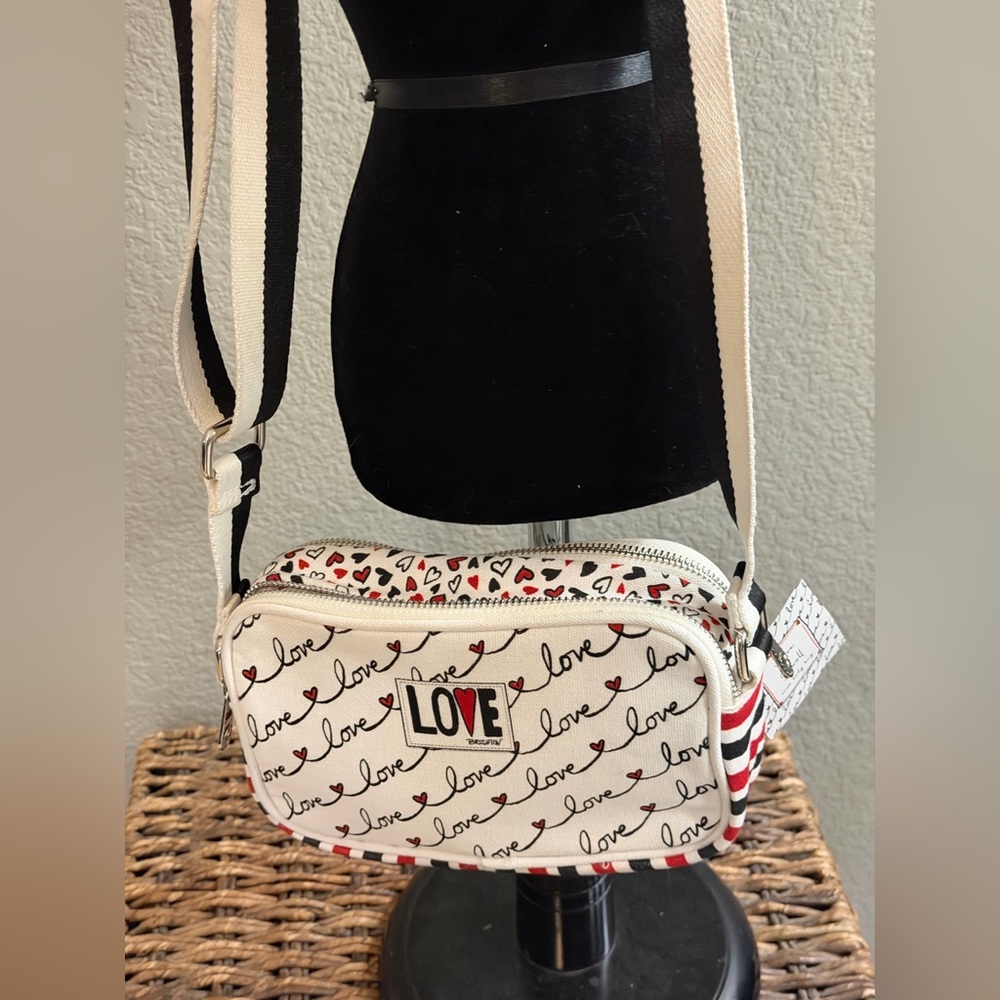 Brighton Red & White Canvas Love Hearts Crossbody Bag NWT Handwritten Scroll